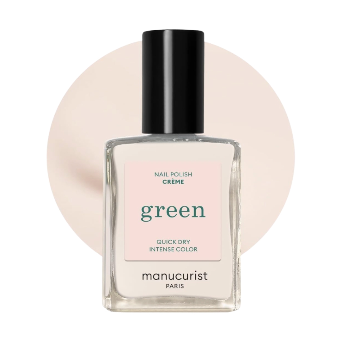A product shot of the Manucurist Green&amp;trade; Natural Nail Polish in Cr&amp;egrave;me, on a white background with a circle of cream colour, to represent the shade of the polish.