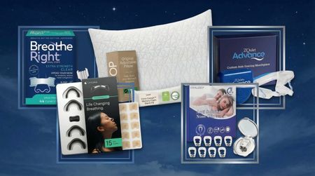 A collage of different sleeping accessories that can help you stop snoring, against a backdrop of a night sky