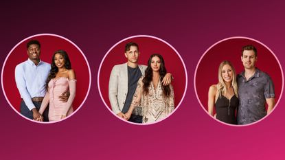 three couples' headshots in a red circle and pink background from the ultimatum season 2 on netflix