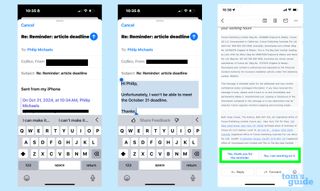 Apple Mail smart replies about a deadline next to a gmail screenshot with a smart reply option