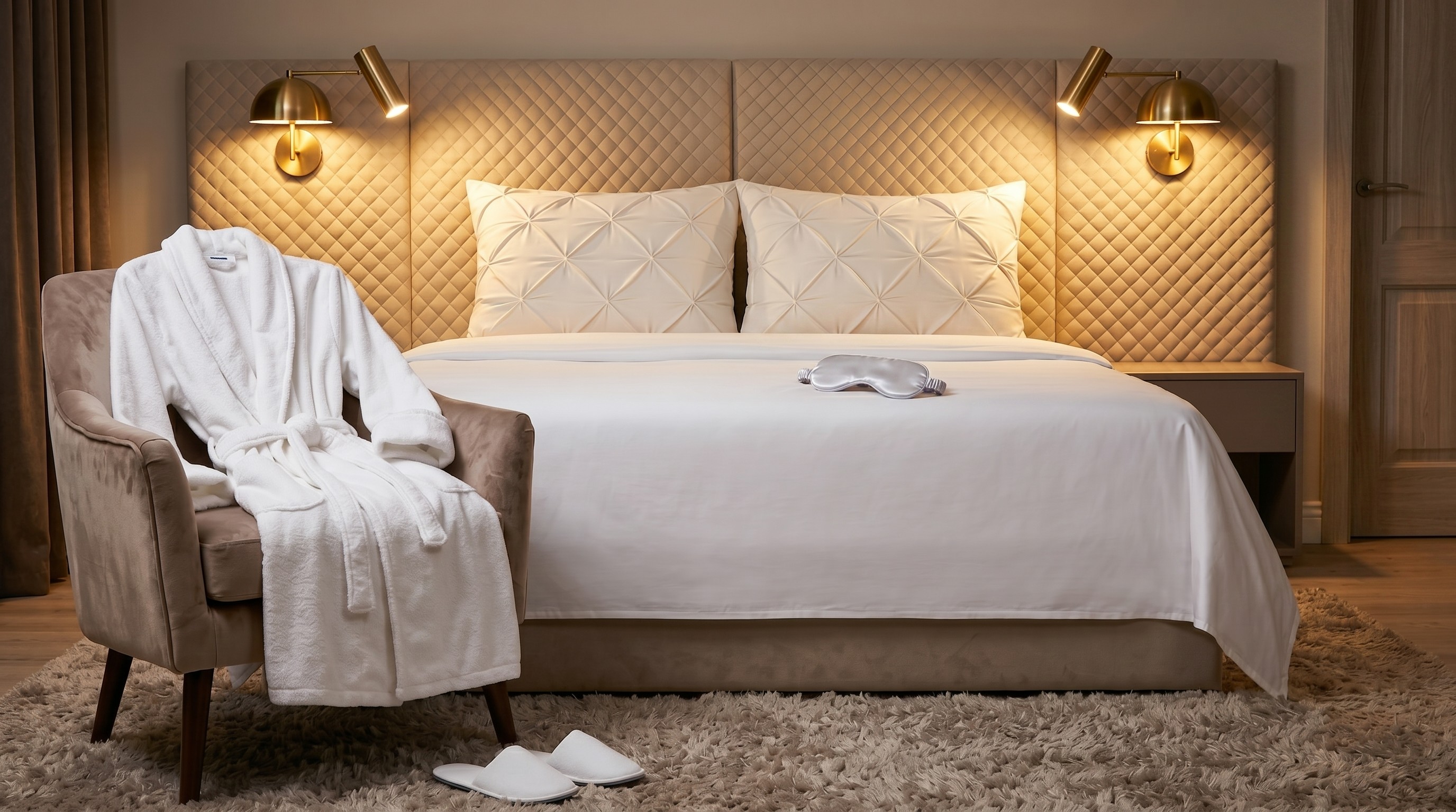Image shows a queen size hotel-style mattress dressed with luxurious white sham pillows and a silver eye mask
