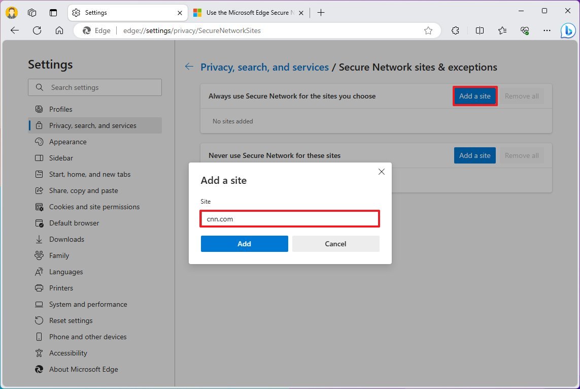 Microsoft Edge добавляет сайт в VPN
