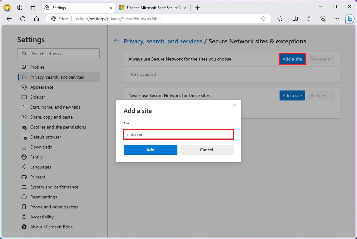 Microsoft Edge adicionar site à VPN