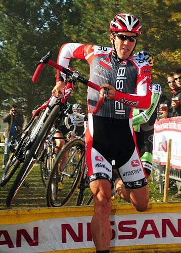 Andy Jacques-Mayne (Bissel Pro Cycling) was first over the barriers.