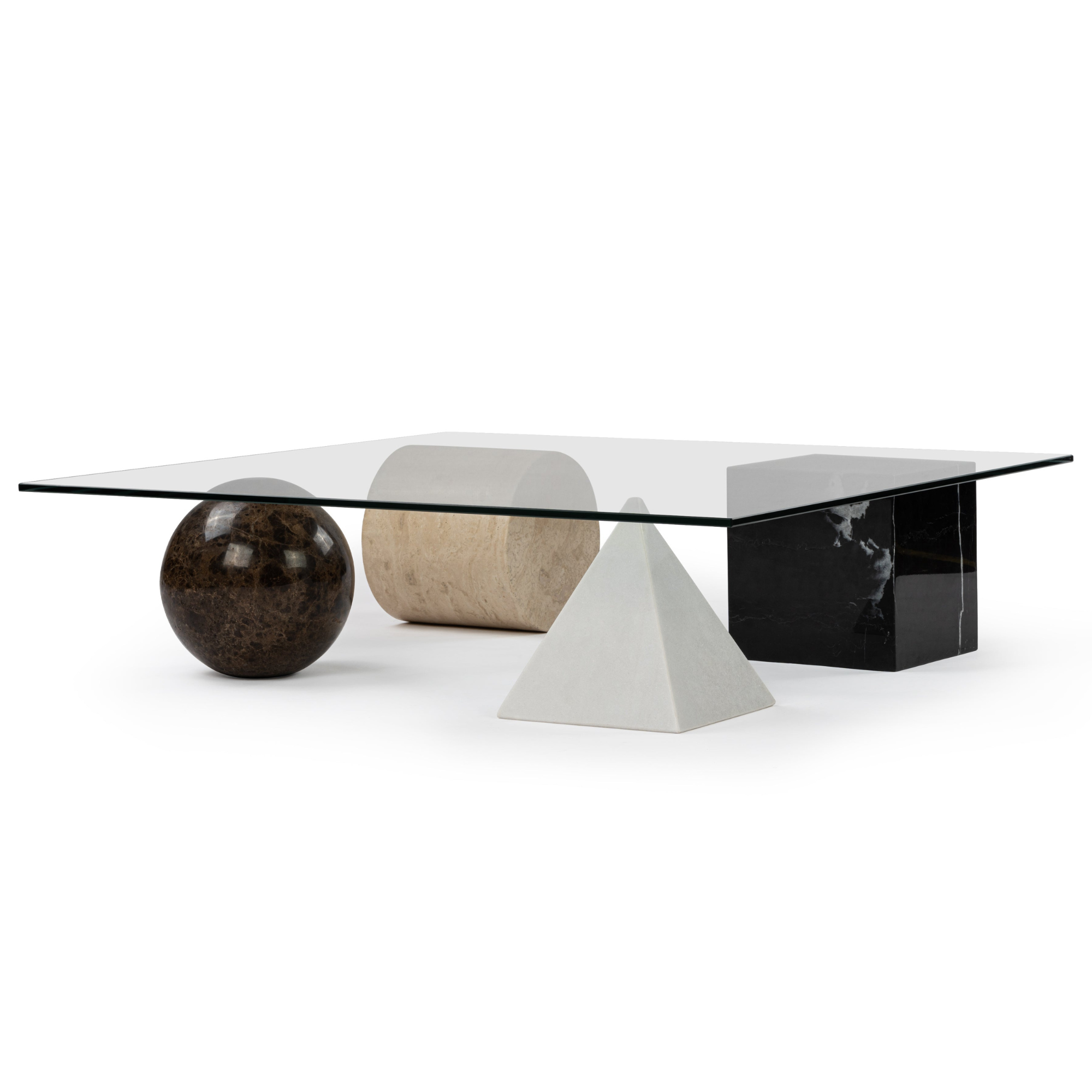 glass coffee table with geometric legs featuring a sphere, cylinder, square, and triangle