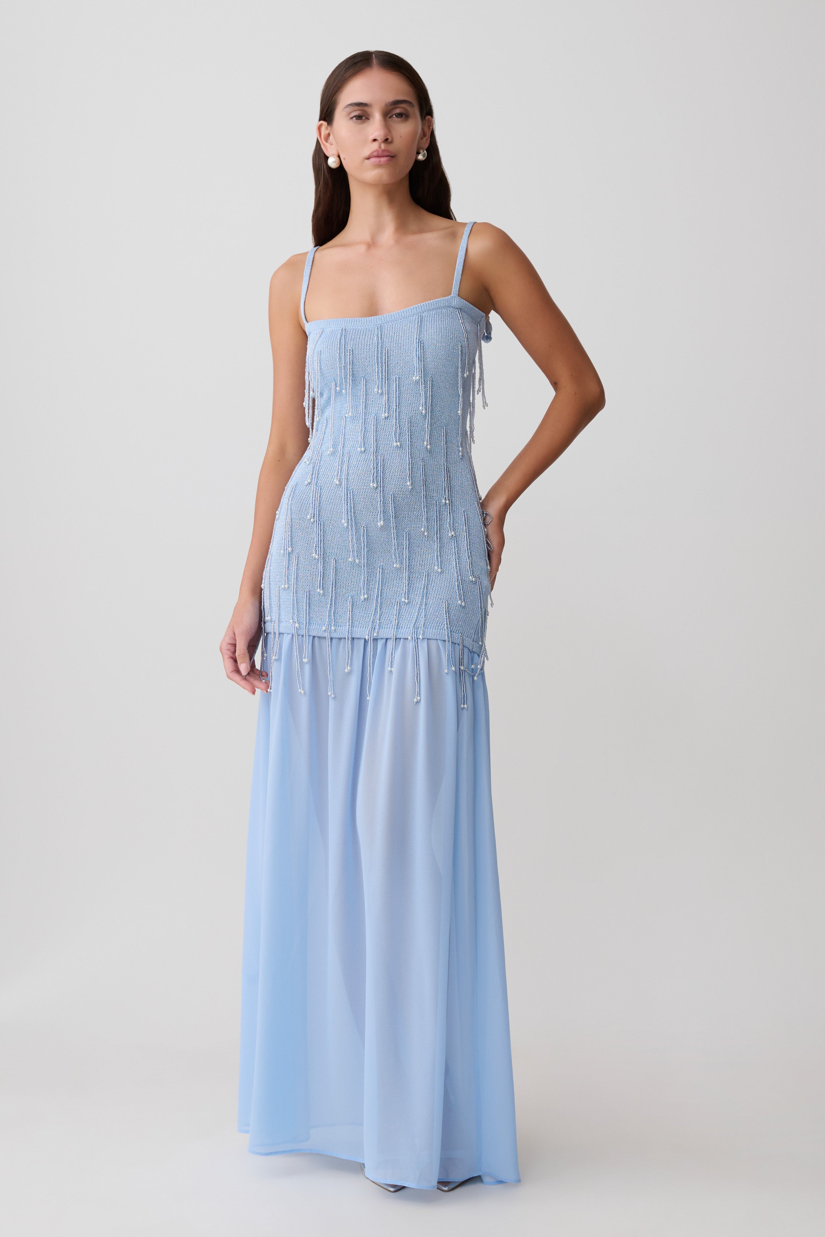 Belinda Beaded Knit &amp;amp; Chiffon Maxi Dress - Light Blue