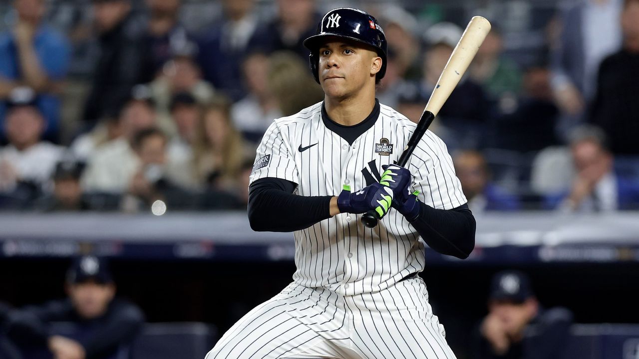 Juan Soto #22 of the New York Yankees in action against the Los Angeles Dodgers during Game Five of the 2024 World Series at Yankee Stadium on October 30, 2024 in New York City