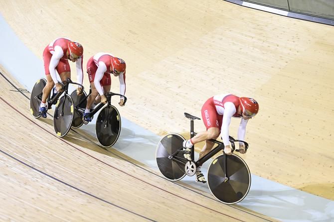 Men's team sprint silver medalists from England: Philip Hindes, Jason Kenny, Kian Emadi