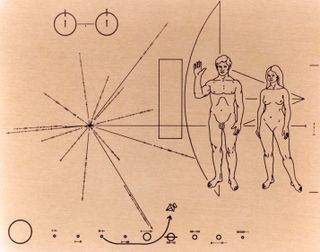 The Pioneer 10 spacecraft carries this plaque, which describes some basic information about humans and the Earth.