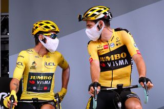 Wout van Aert (right) and Jumbo-Visma teammate – and race leader – Primoz Roglic line up ahead of stage 12 of the 2020 Tour de France