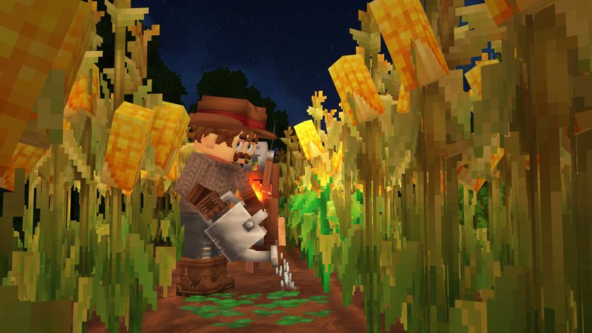 Hytale: A farmer stood in a corn field watering crops with a watering can.