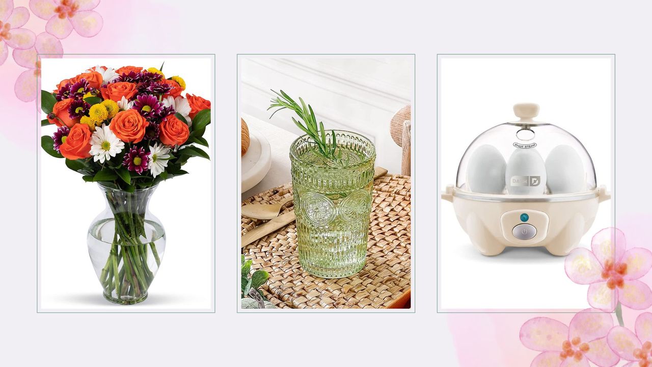 three of w&amp;h&#039;s Amazon Easter gifts picks on a collage background with pink flowers.