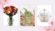three of w&h's Amazon Easter gifts picks on a collage background with pink flowers.