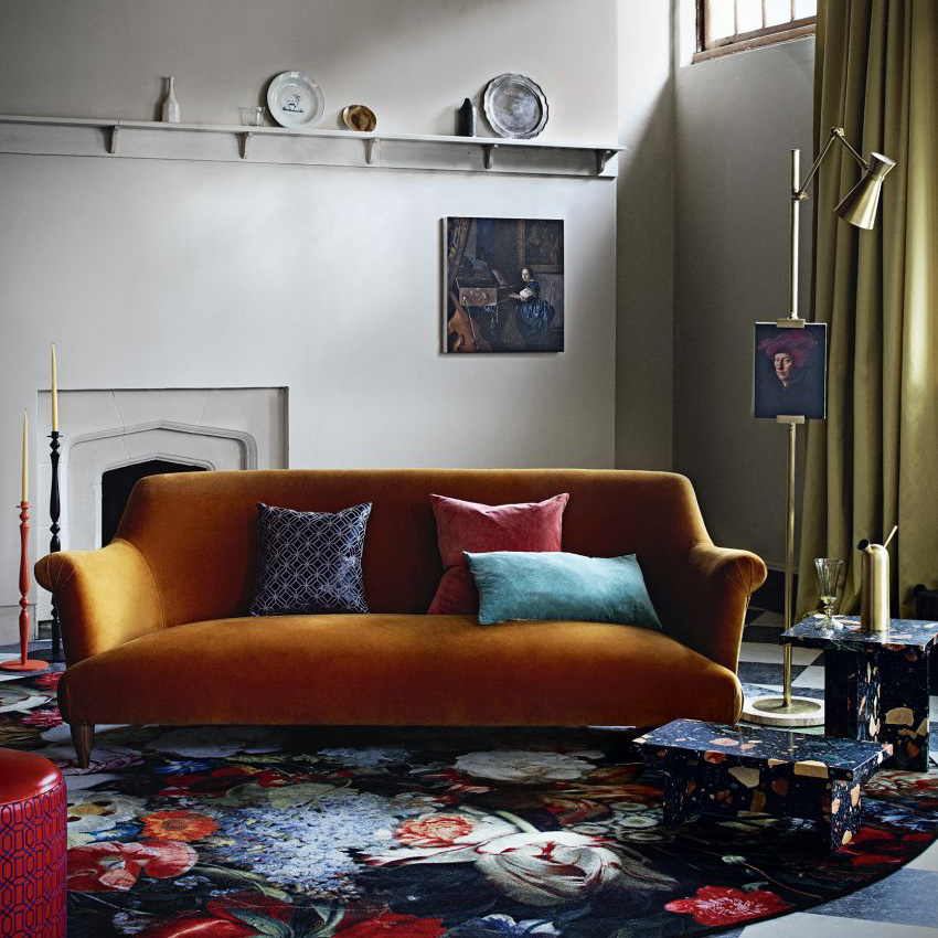 living room with fireplace and sofaset with cushions
