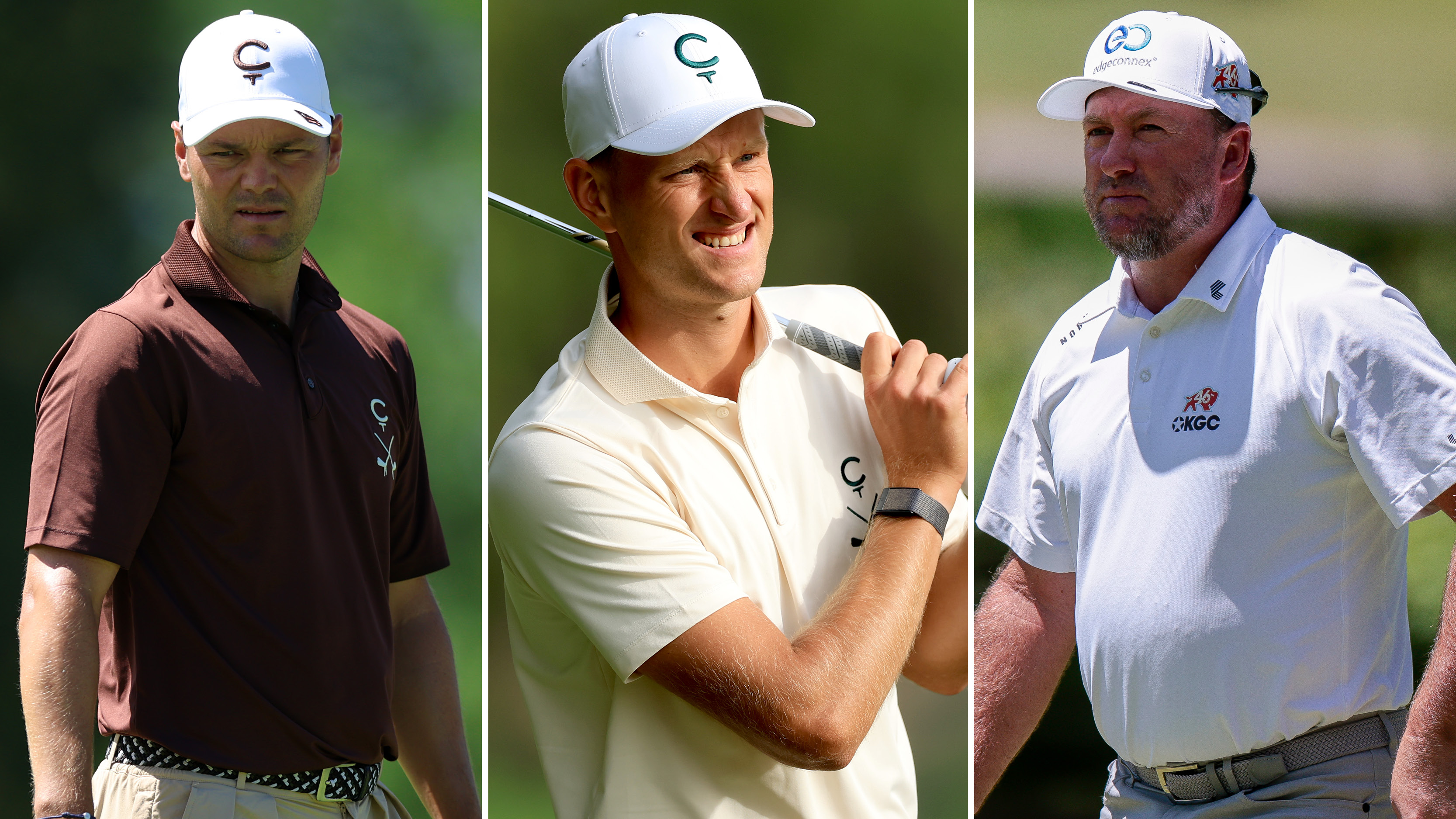 Martin Kaymer, Adrian Meronk and Graeme McDowell react after shots