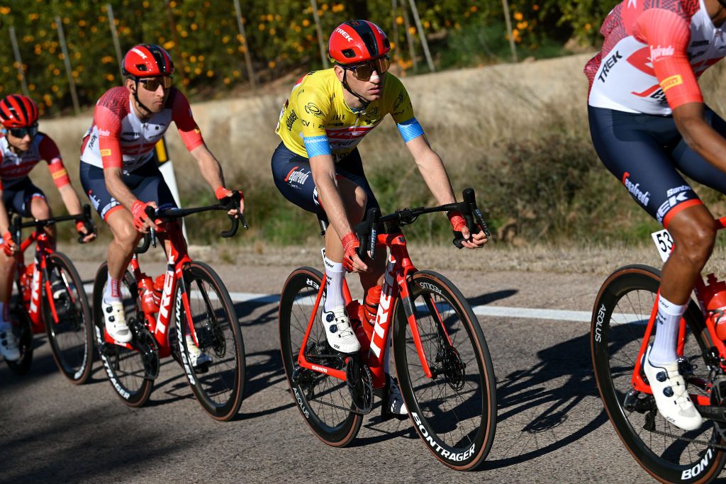 SAGUNTO SPAIN FEBRUARY 03 Giulio Ciccone of Italy and Team Trek Segafredo Yellow Leader Jersey competes during the 74th Volta a la Comunitat Valenciana 2023 Stage 3 a 1451km stage from Btera to Sagunto VCV2023 VoltaValenciana on February 03 2023 in Sagunto Spain Photo by Dario BelingheriGetty Images