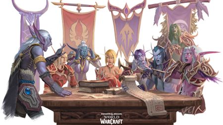 A group of elves argue around a table