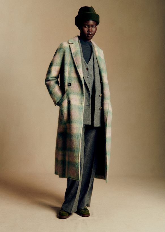 Viktor Coat - Beige and Green Checks - Wool - Sézane