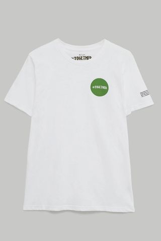 white t-shirt with green logo, ethical loungewear