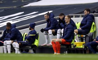 Tottenham Hotspur’s Gareth Bale (centre) on the bench during the Premier League match at Tottenham Hotspur Stadium, London