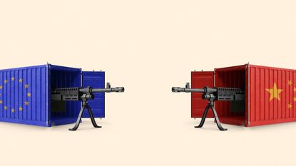 Illustration of European and Chinese shipping containers facing each other with machine guns pointing out