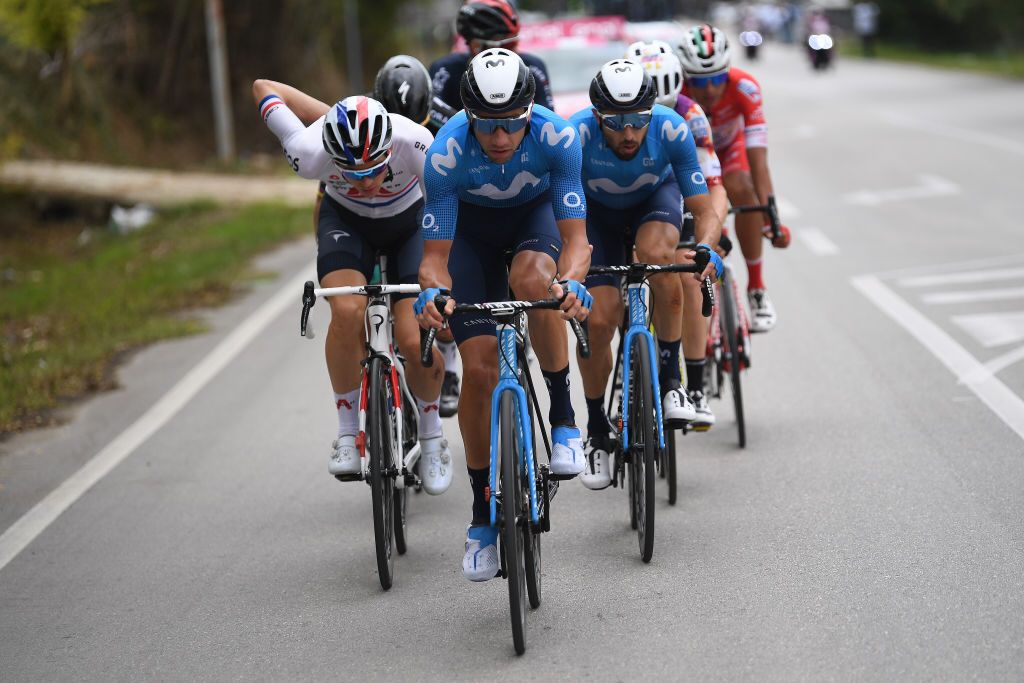 TORTORETO ITALY OCTOBER 13 Ben Swift of The United Kingdom and Team INEOS Grenadiers Davide Villella of Italy and Movistar Team Dario Cataldo of Italy and Movistar Team Breakaway during the 103rd Giro dItalia 2020 Stage 10 a 177km stage from Lanciano to Tortoreto girodiitalia Giro on October 13 2020 in Tortoreto Italy Photo by Tim de WaeleGetty Images