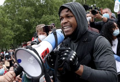 Actor John Boyega speaks to the crowd during a Black Lives Matter protest in Hyde Park on June 3, 2020 in London, United Kingdom