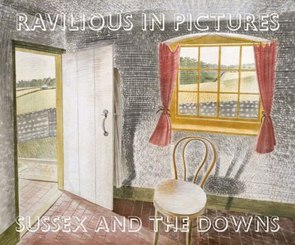 Illustration artwork by Ravilious in pictures, grey walled room, wooden floor, wooden stool, dark pink curtains, white open door with view of grassed landscape, wooden framed window with view of grassed landscape, daylight casting shadows