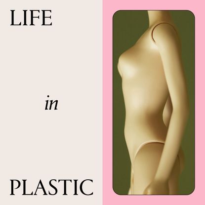 black text that says "life in plastic" next to a barbie doll body on a cream, green, and pink background