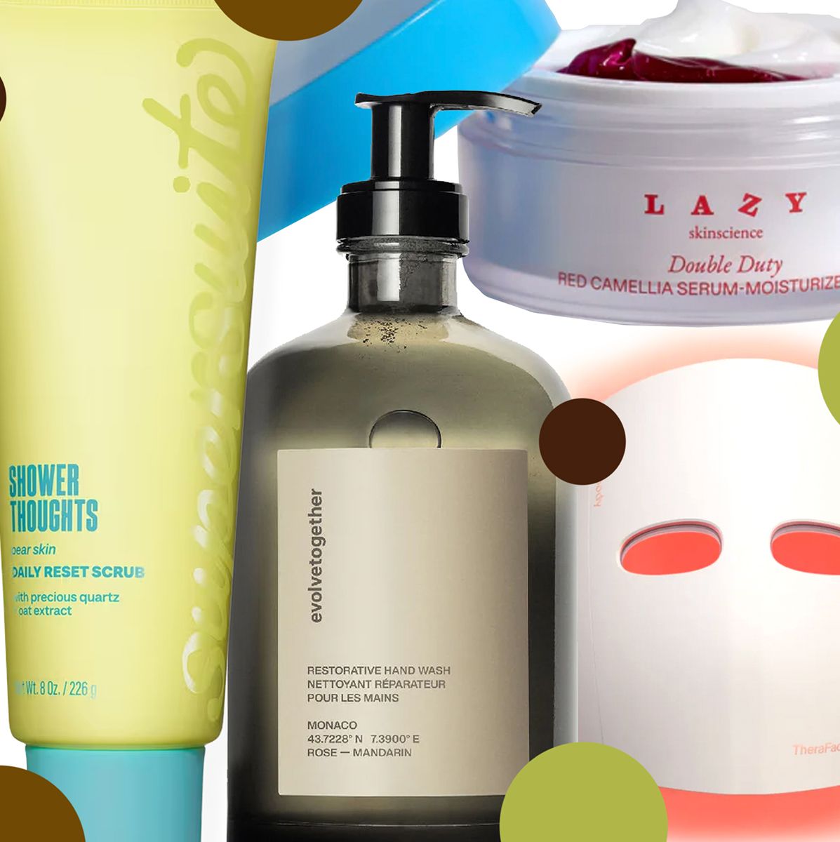 product collage of evolvetogether Monaco - Restorative Hand Wash, Supersuite Shower Thoughts Daily Reset Scrub, Therabody US Theraface Mask Glo, Lazy Skinscience Double Duty on white background with green and brown polka dots 
