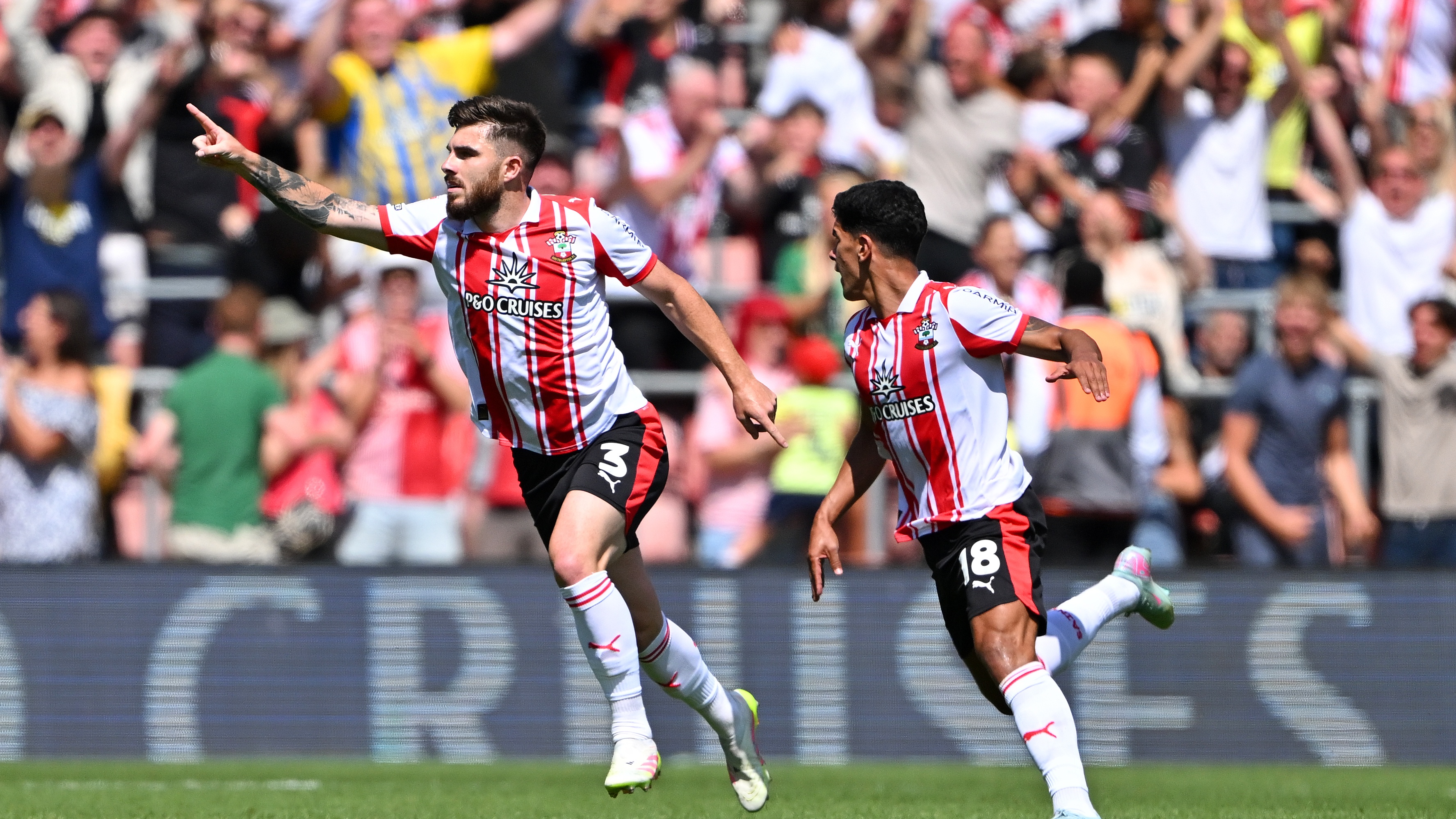 Ryan Manning of Southampton celebrates scoring his team's first goal during the Sky Bet Championship match between Southampton and Wrexham AFC at St Mary's Stadium on August 09, 2025 in Southampton, England.