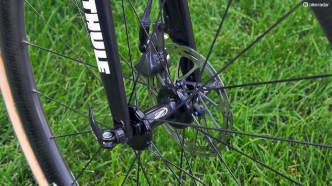 Cannondale was an early adopter of disc brakes in cyclocross as well but at least for now, the SuperX Disc frameset still uses quick-release hubs front and rear