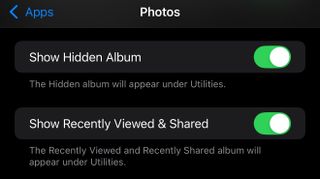 A screen shot of Apple Photos settings allowing you to disable Recently Viewed and Shared photos