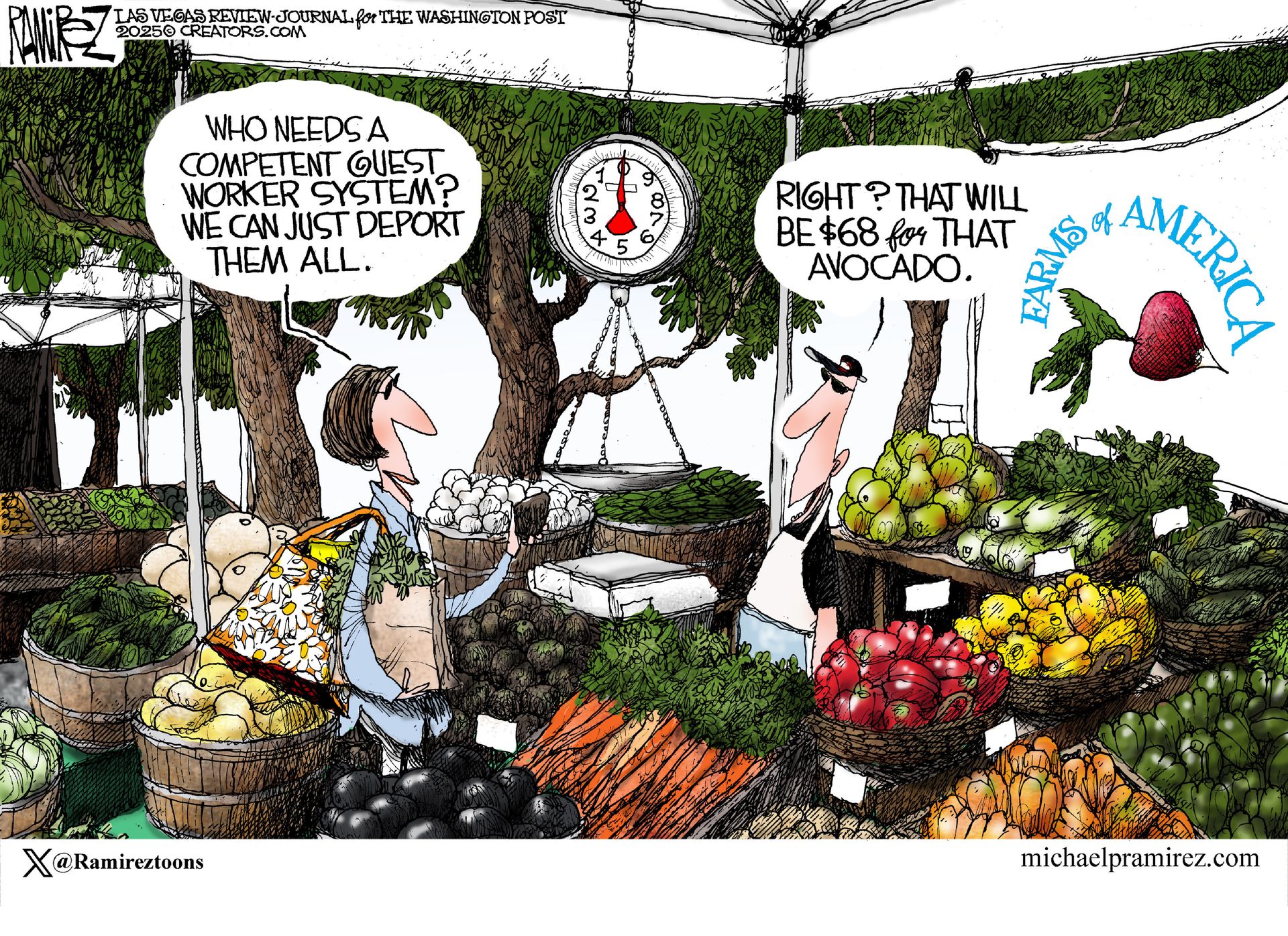 
                                This political cartoon depicts a farmers&#039; market scene with a vendor and a customer. The female customer, holding a bag of produce, says, &quot;Who needs a competent guest worker system? we can just deport them all.&quot; The male vendor, standing behind a stall laden with various fruits and vegetables, holds up a single avocado and says to the customer, &quot;Right? that will be $68 for that avocado.&quot; 
                            
