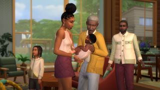 A family gather around a baby in The Sims 4