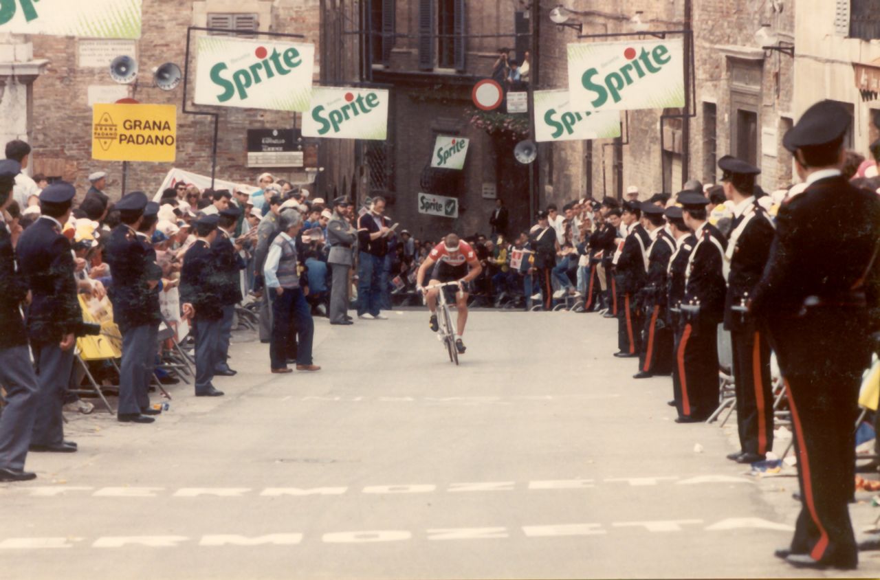 Jorg Muller approaches the line on the opening day of the 1987 Giro in Urbino