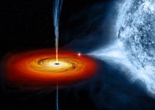This illustration shows a black hole named Cygnus X-1, which is sucking the life out of a blue star beside it.