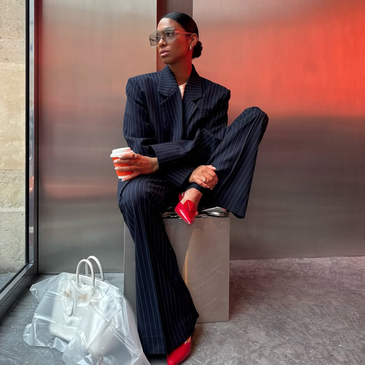 @cherifaakili navy suit red heels