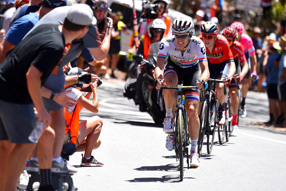 Daryl Impey powers to the finish on Willunga Hill to finish third and win the overall