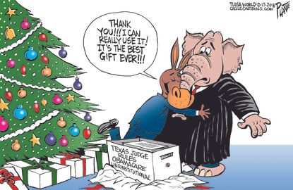 Political cartoon U.S. ObamaCare unconstitutional Republicans Democrats thank you Christmas