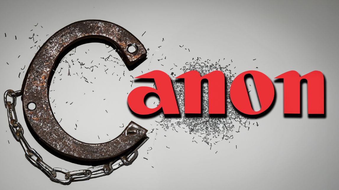 The Canon logo, with a broken handcuff as the letter &quot;C&quot;