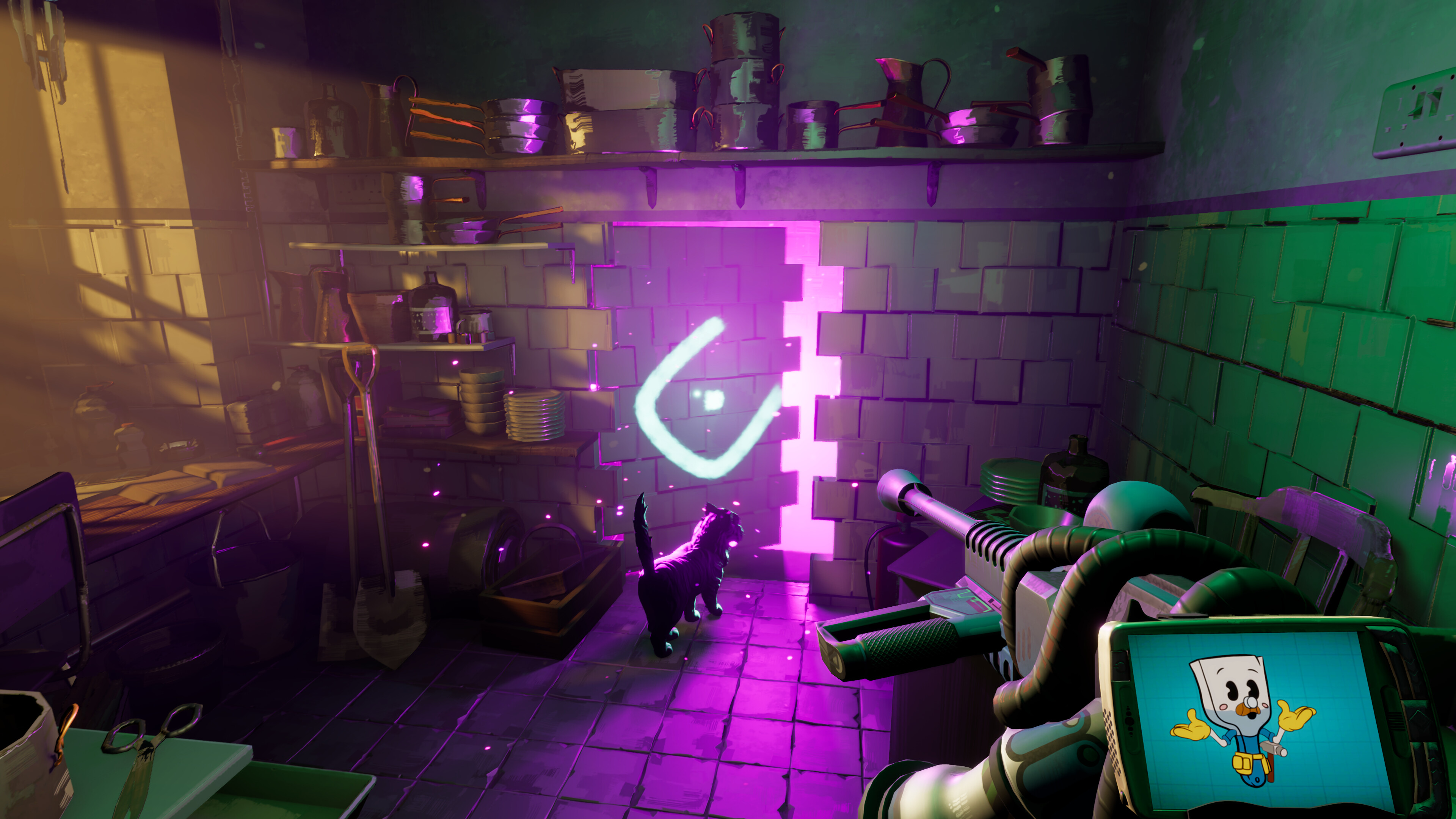There's No Ghosts at the Grand screenshot of a cat sneaking through a magical door that has opened in a brick wall, with a purple glow behind it