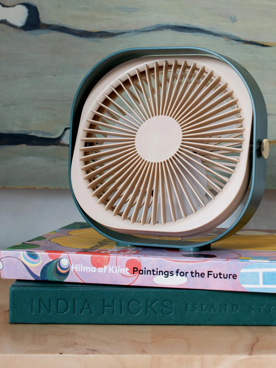 A green and beige portable table fan from Printworks