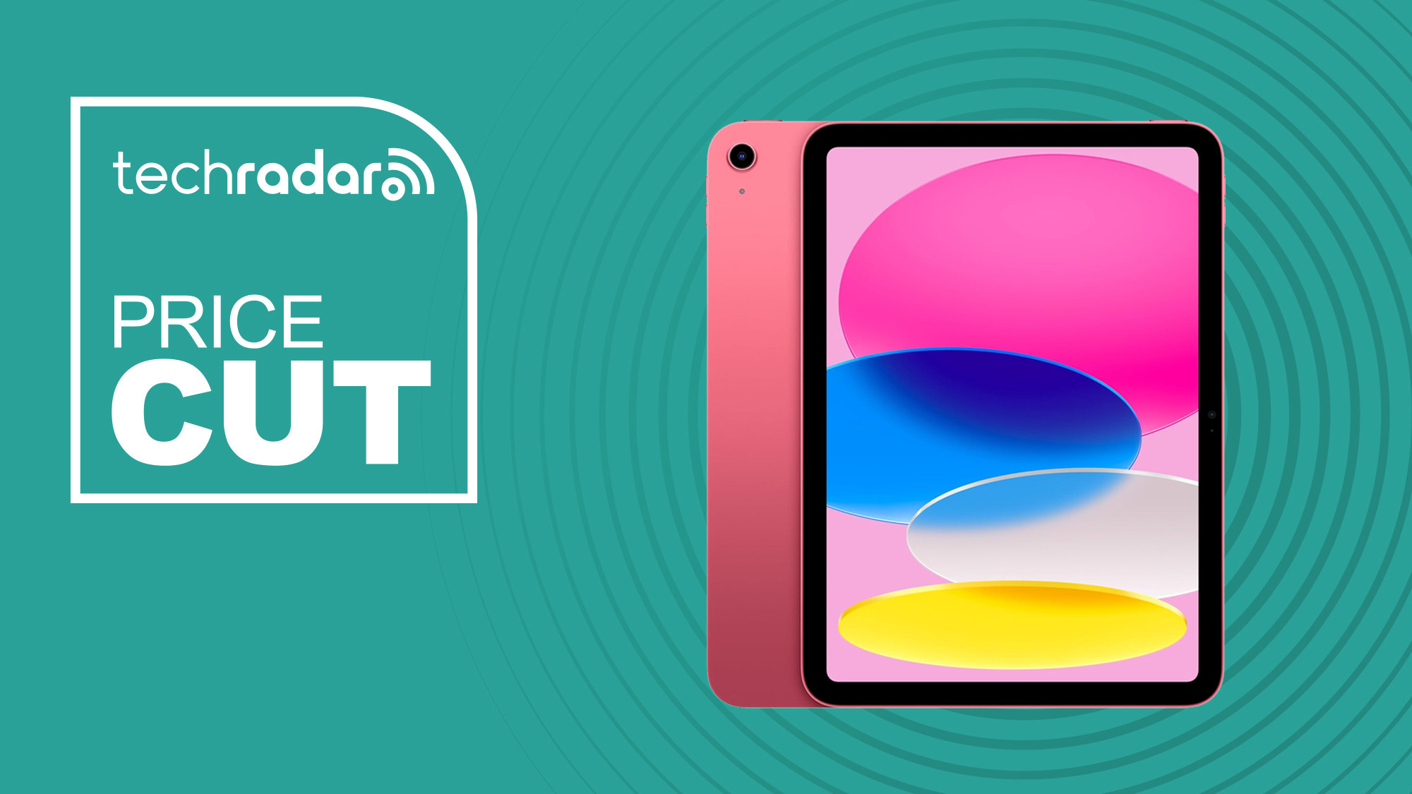 Pink Apple iPad (A16) on a cyan background.