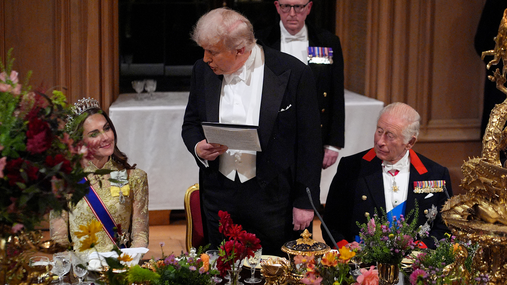 US President Donald Trump speaks to Britain&#039;s Catherine, Princess of Wales as he delivers a speech during a State Banquet at Windsor Castle, in Windsor, on September 17, 2025, during the US President&#039;s second State Visit. US President Donald Trump arrived in Britain for an unprecedented second State Visit, with the UK government rolling out a royal red carpet welcome to win over the mercurial leader. (Photo by Yui Mok / POOL / AFP) (Photo by YUI MOK/POOL/AFP via Getty Images) 