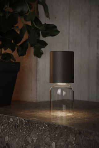 Outdoor lamp with glass base and dark shade