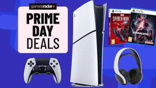 a PS5 slim on a blue gamesradar background with a Prime Day deals stamp on top. Littered around the image are various PS5 products