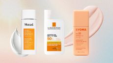 Lineup of the best sunscreens for sensitive skin (L-R) from Murad, La Roche-Posay and Byoma, on a pastel watercolour background with cream swatches