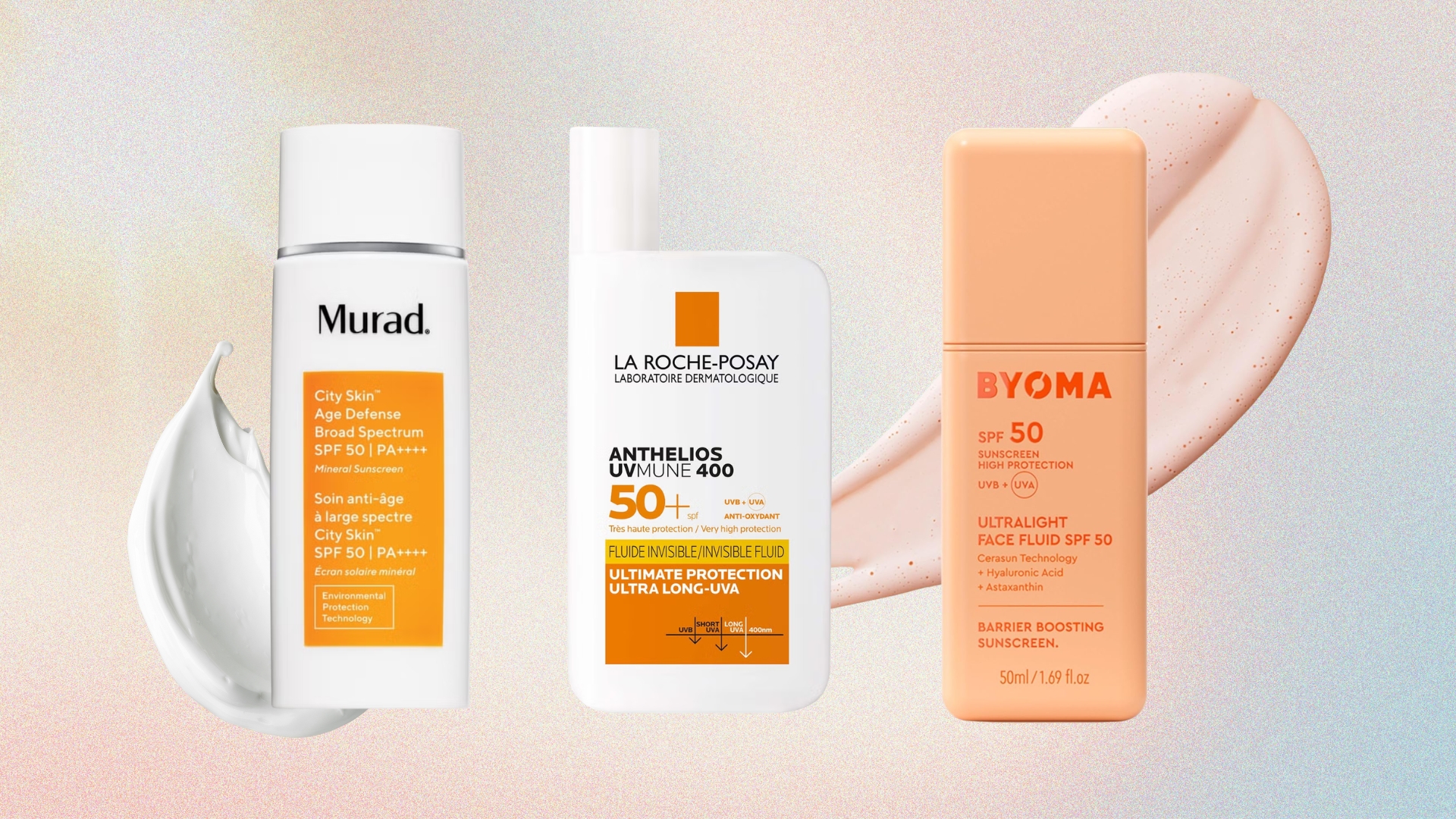 Lineup of the best sunscreens for sensitive skin (L-R) from Murad, La Roche-Posay and Byoma, on a pastel watercolour background with cream swatches