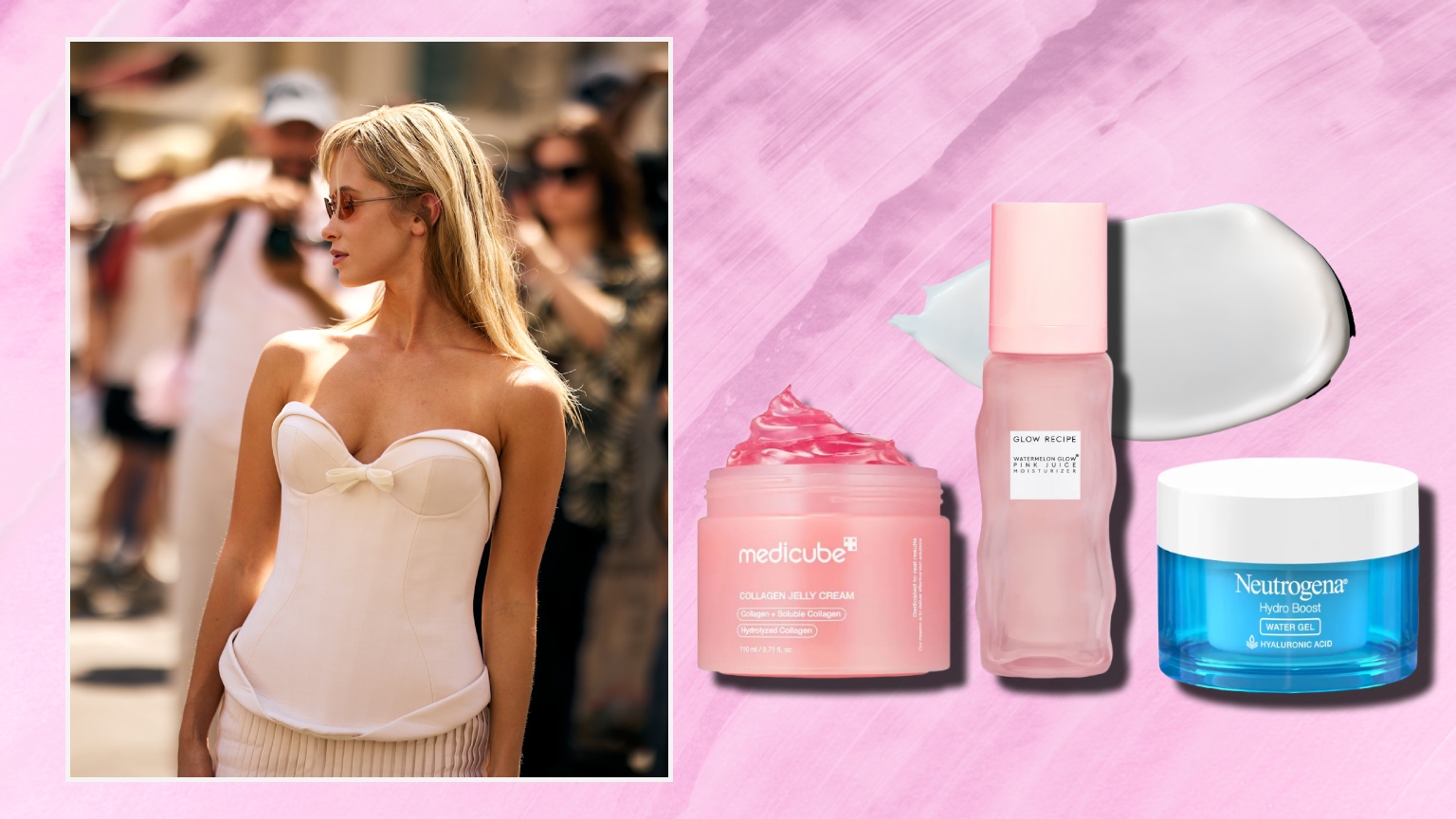 a pink background with a blonde woman and three oil-free moisturizers, one blue and two pink